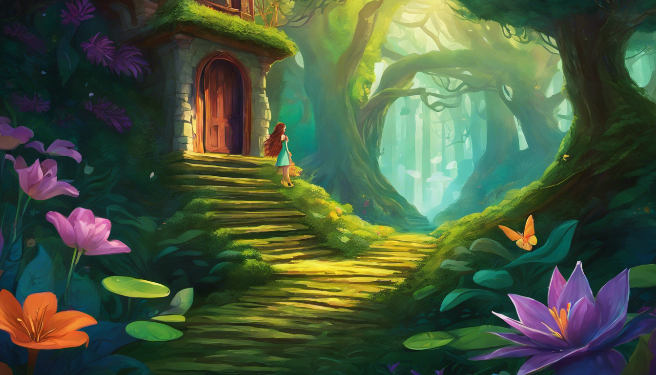 A girl stands in front of a hidden attic door, ready to explore a magical forest.