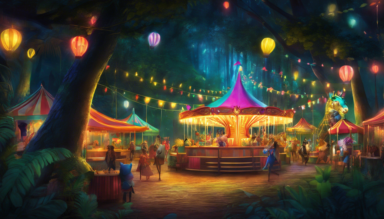 A vibrant forest carnival with animal characters and glowing fireflies.