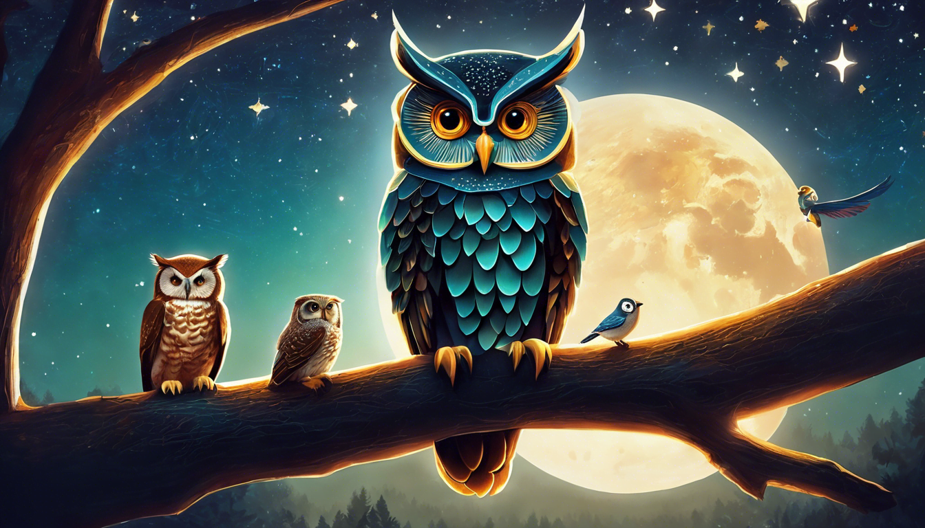An owl surrounded by animals listening to stories under a starry sky.