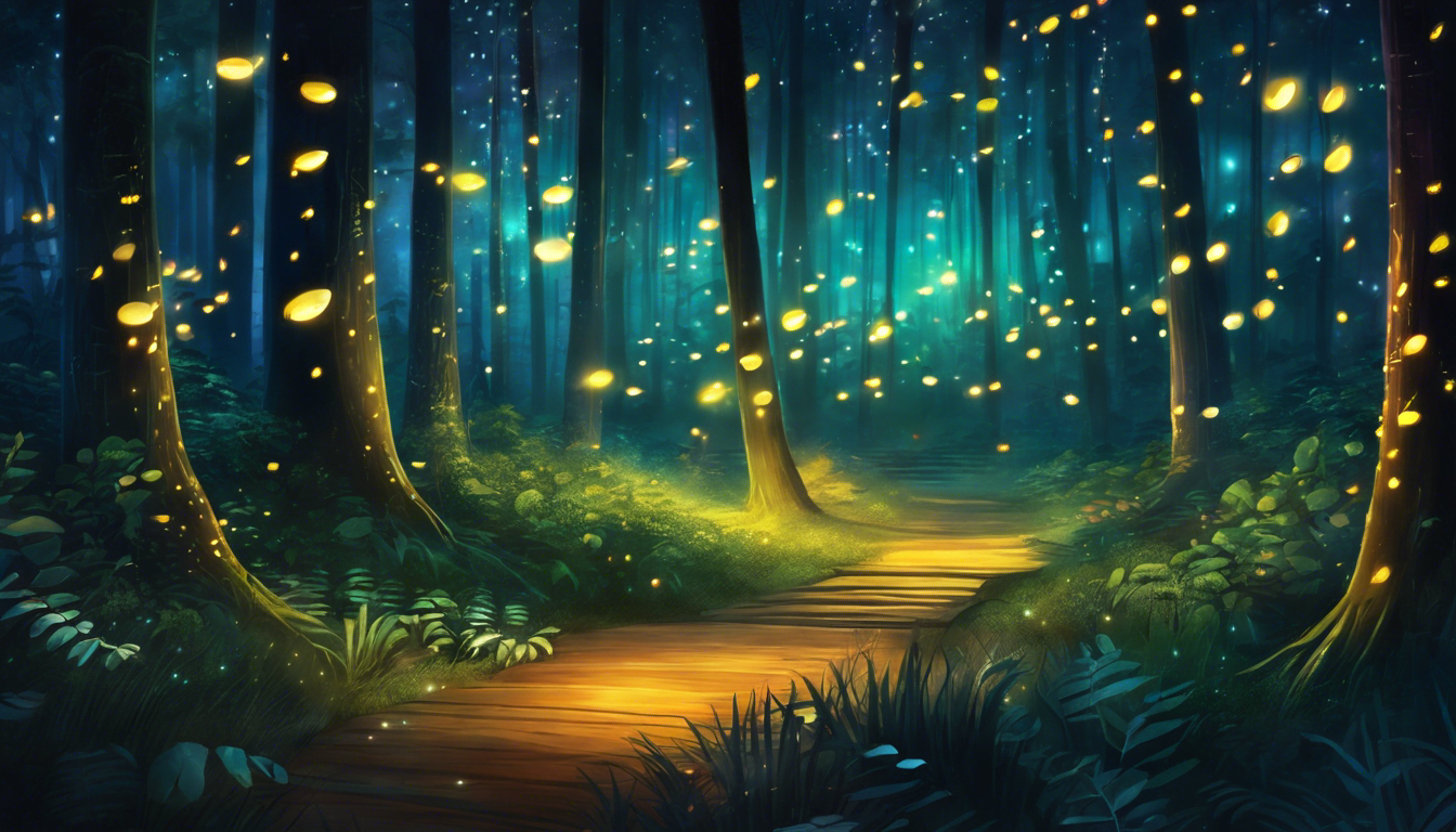 A serene forest path illuminated by glowing fireflies, surrounded by tall trees and lush foliage under a twilight sky.