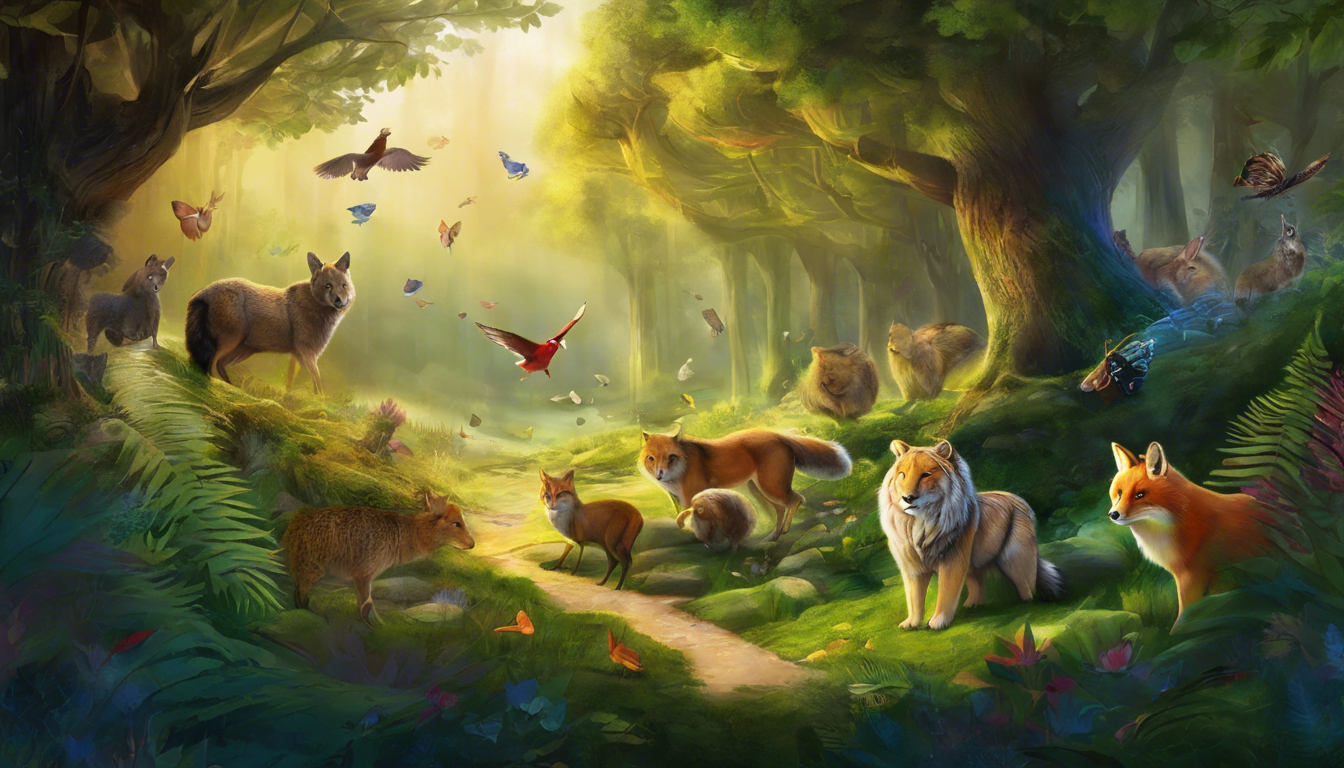 A serene forest scene filled with various animals, including foxes, wolves, and a tiger, surrounded by lush greenery and colorful butterflies, illuminated by soft sunlight.