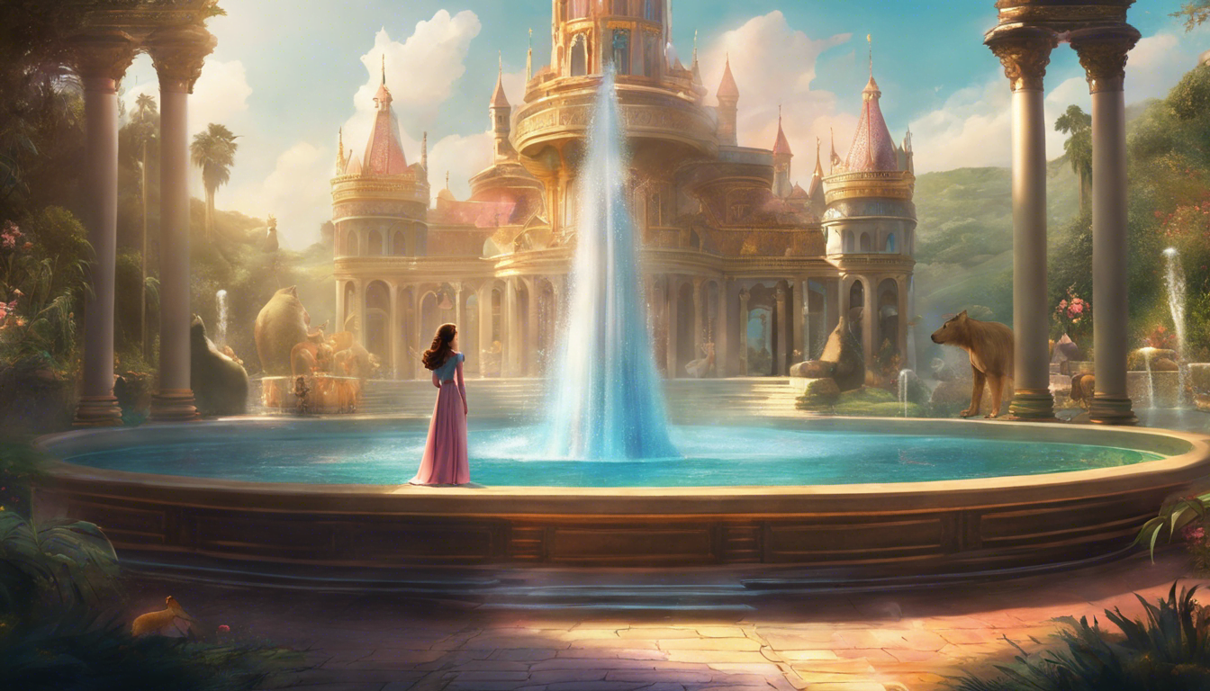 A princess stands in front of a magical fountain with talking animals.