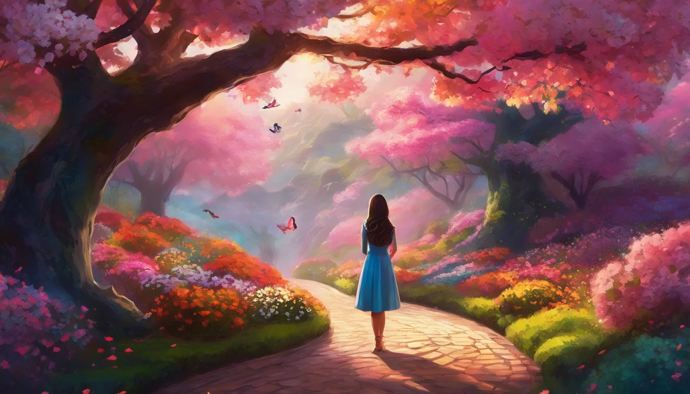 A young woman in a blue dress walks along a colorful path surrounded by vibrant blooming trees and flowers, with butterflies fluttering in a whimsical, dreamy landscape.