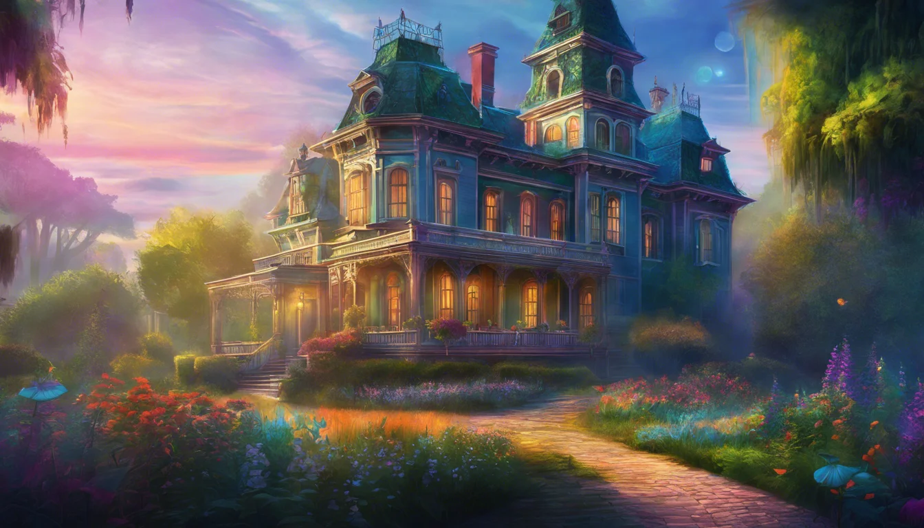 A beautifully illuminated Victorian mansion surrounded by colorful flowers and lush greenery under a vibrant sunset sky.