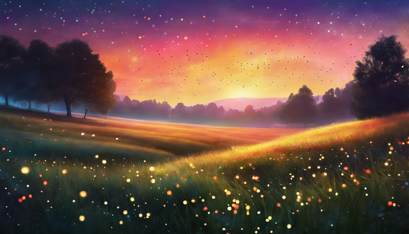 A meadow at twilight with colorful hovering fireflies.