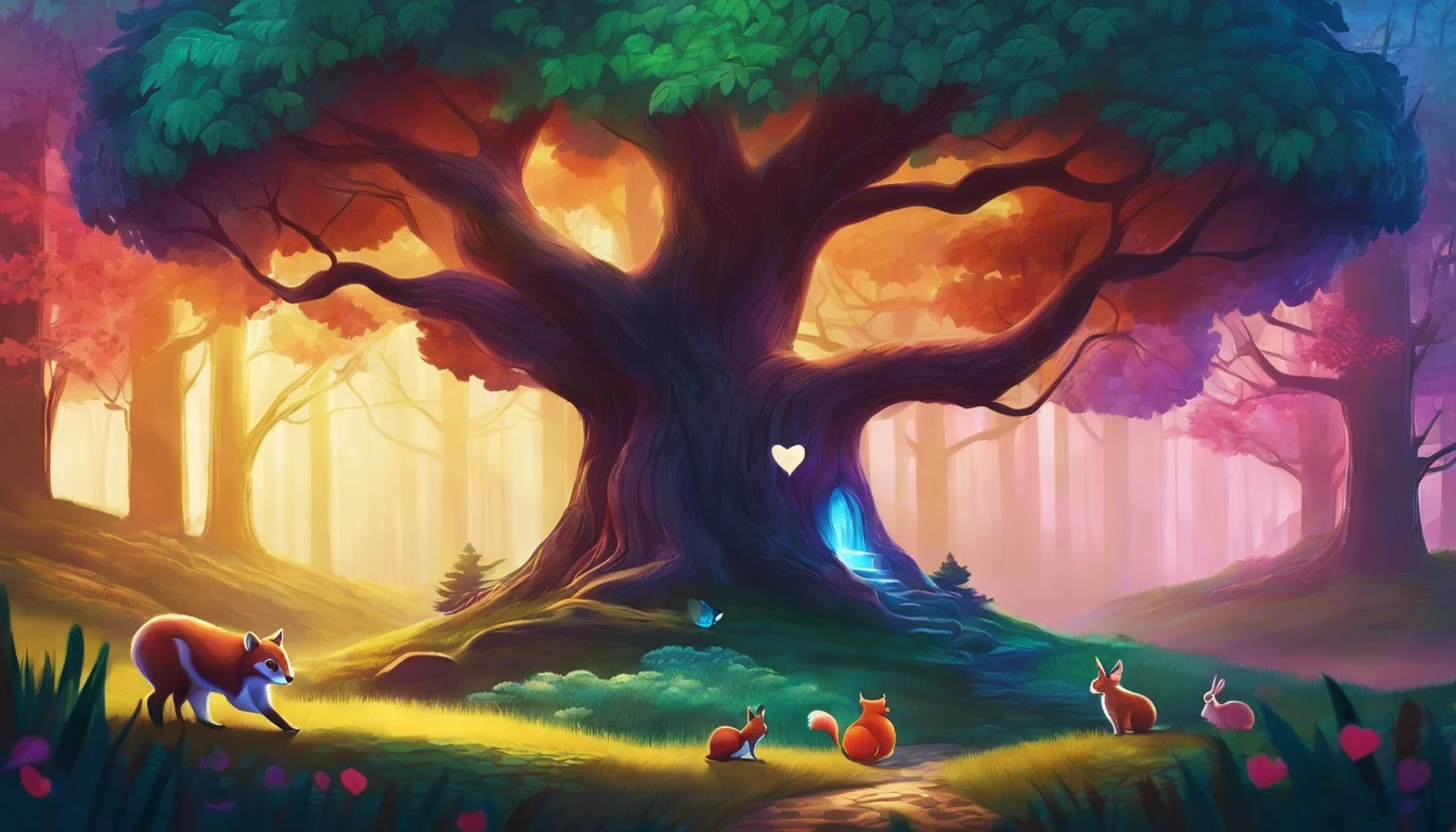 A magical forest scene featuring a large, vibrant tree with a glowing blue entrance, surrounded by small woodland animals like a fox, squirrels, and a rabbit, amidst colorful foliage and soft, ethereal lighting.