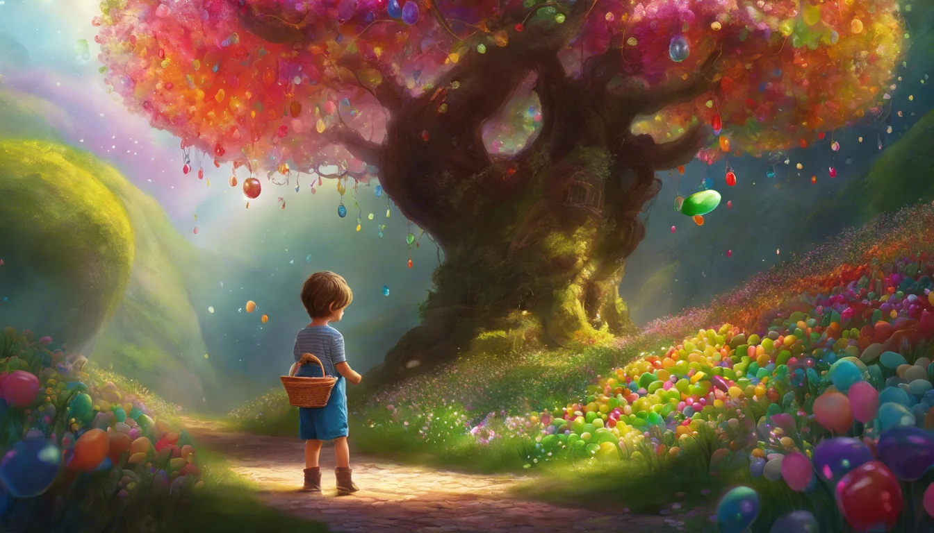 A young boy stands on a colorful path, gazing up at a vibrant, candy-like tree adorned with sparkling ornaments, surrounded by a field of blossoms and eggs.