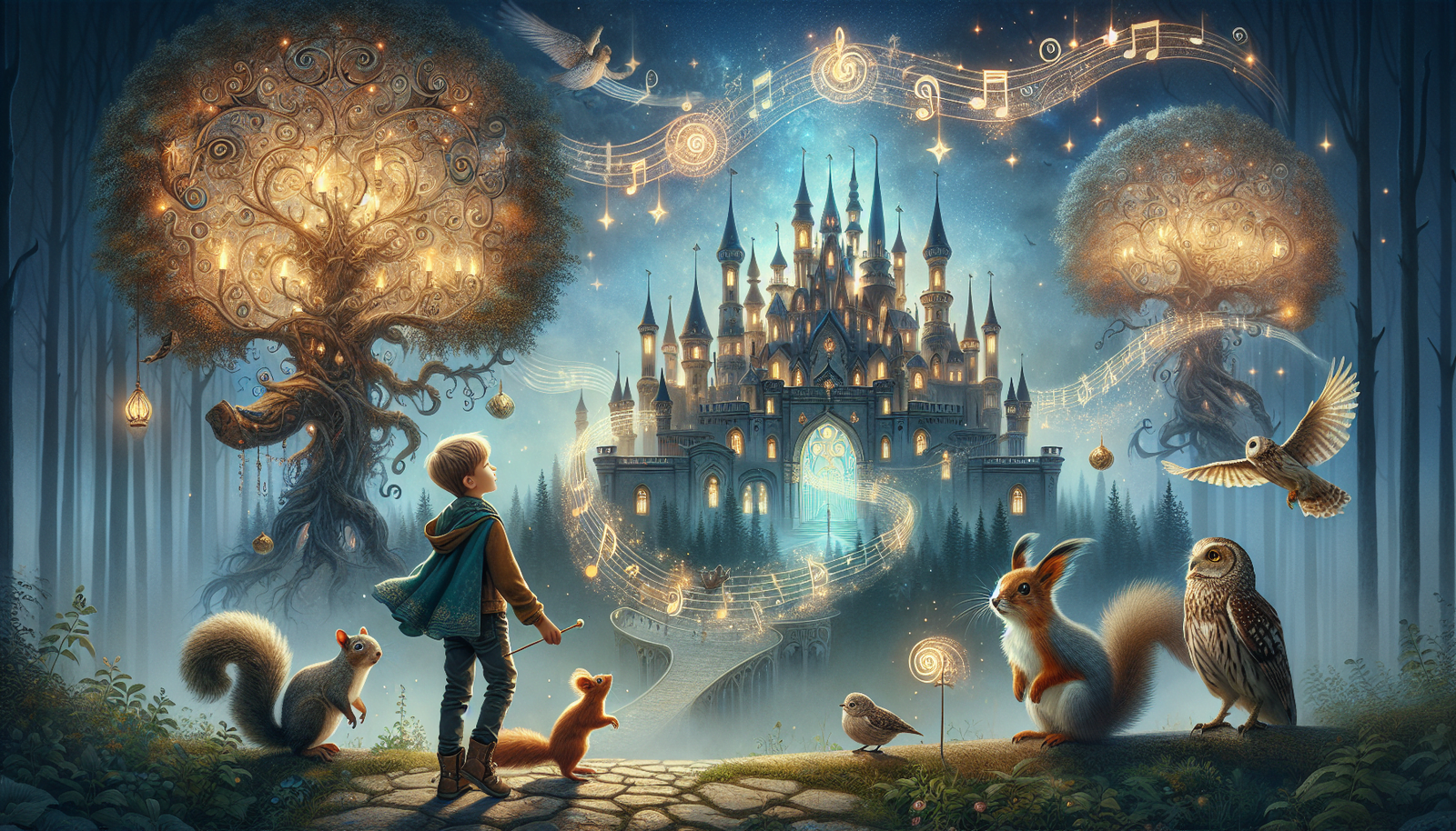 A young boy stands in front of a magical castle with his animal friends.