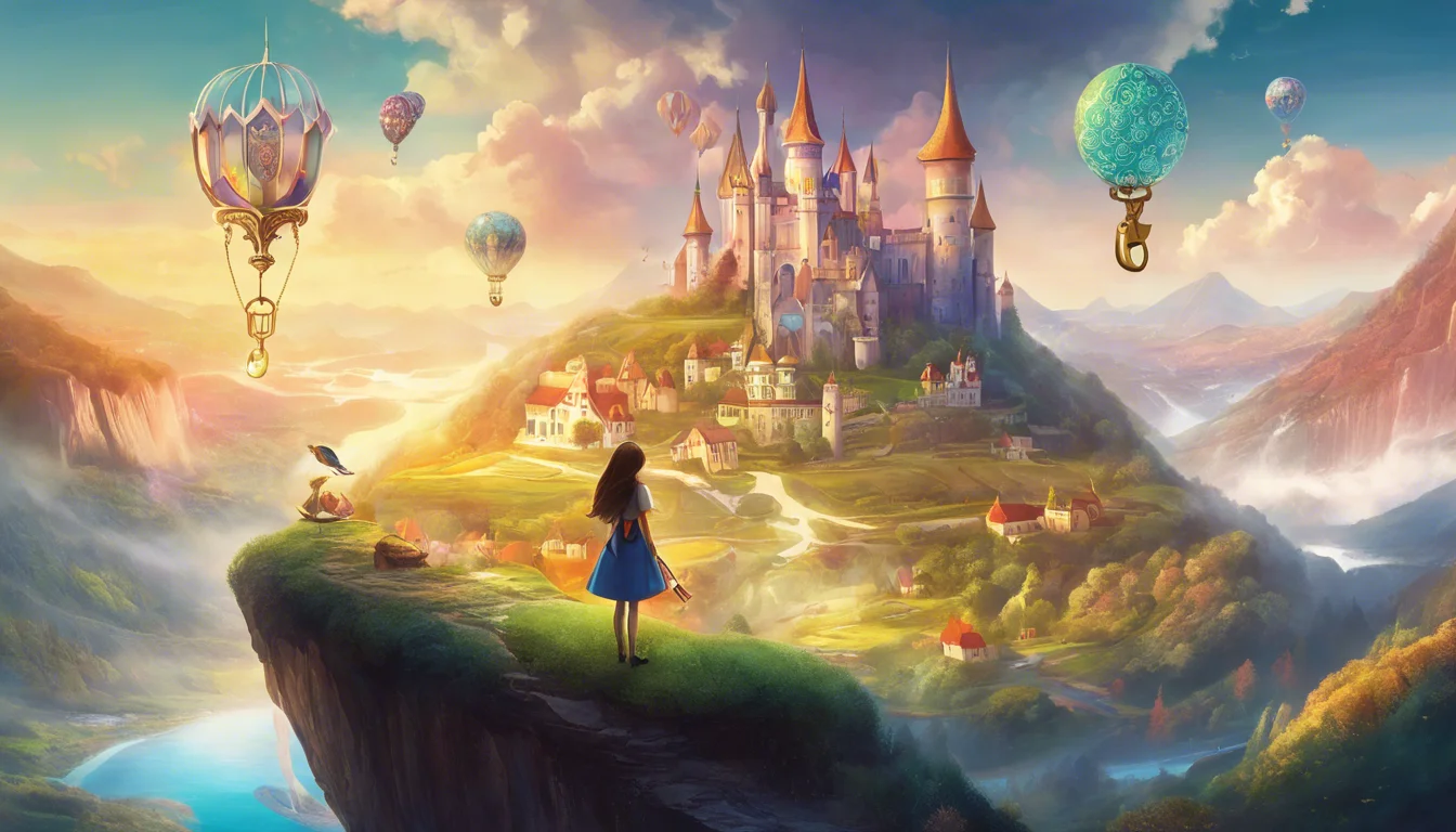 A girl in a blue dress stands on a cliff, gazing at a vibrant, fantasy castle surrounded by colorful hot air balloons and mountains at sunset.