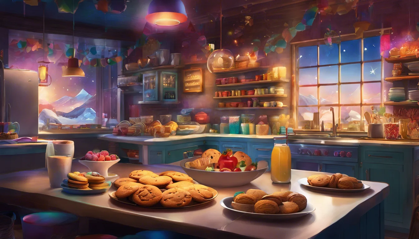 Cozy kitchen with colorful decor, featuring plates of cookies, fruits, and a glass of orange juice, set against a backdrop of snow-capped mountains visible through a window.