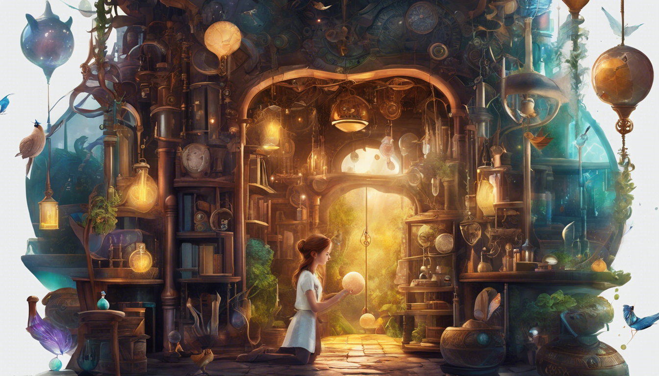 A young girl surrounded by magical inventions and creatures in a laboratory.