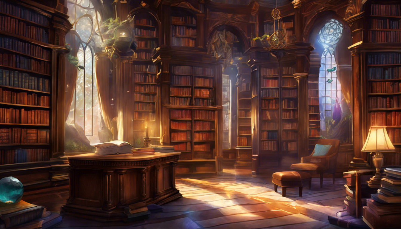 Alt text: A magical library filled with towering wooden bookshelves, soft sunlight streaming through stained glass windows, and a cozy reading nook with a warm atmosphere.