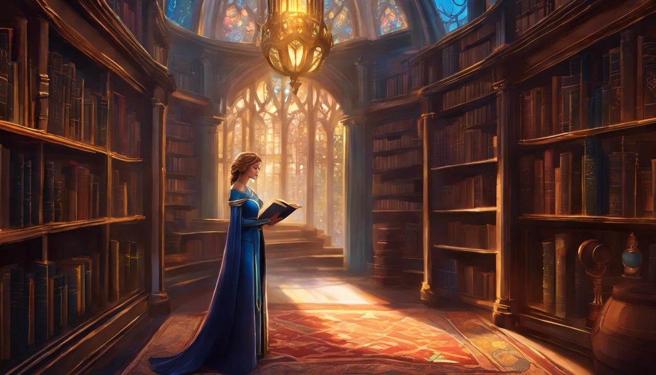 A young woman in a blue gown reads a book in a sunlit, enchanted library surrounded by tall bookshelves.