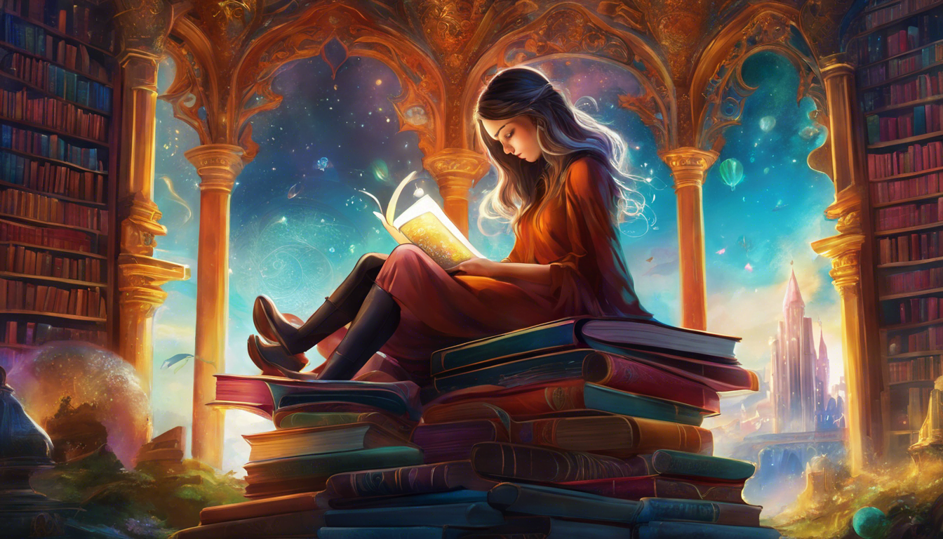 A girl sitting on a magical library book surrounded by fantastical elements.