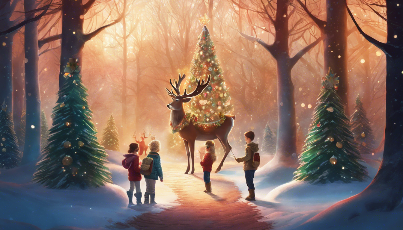 Children with a magical map at the entrance of a festive forest.