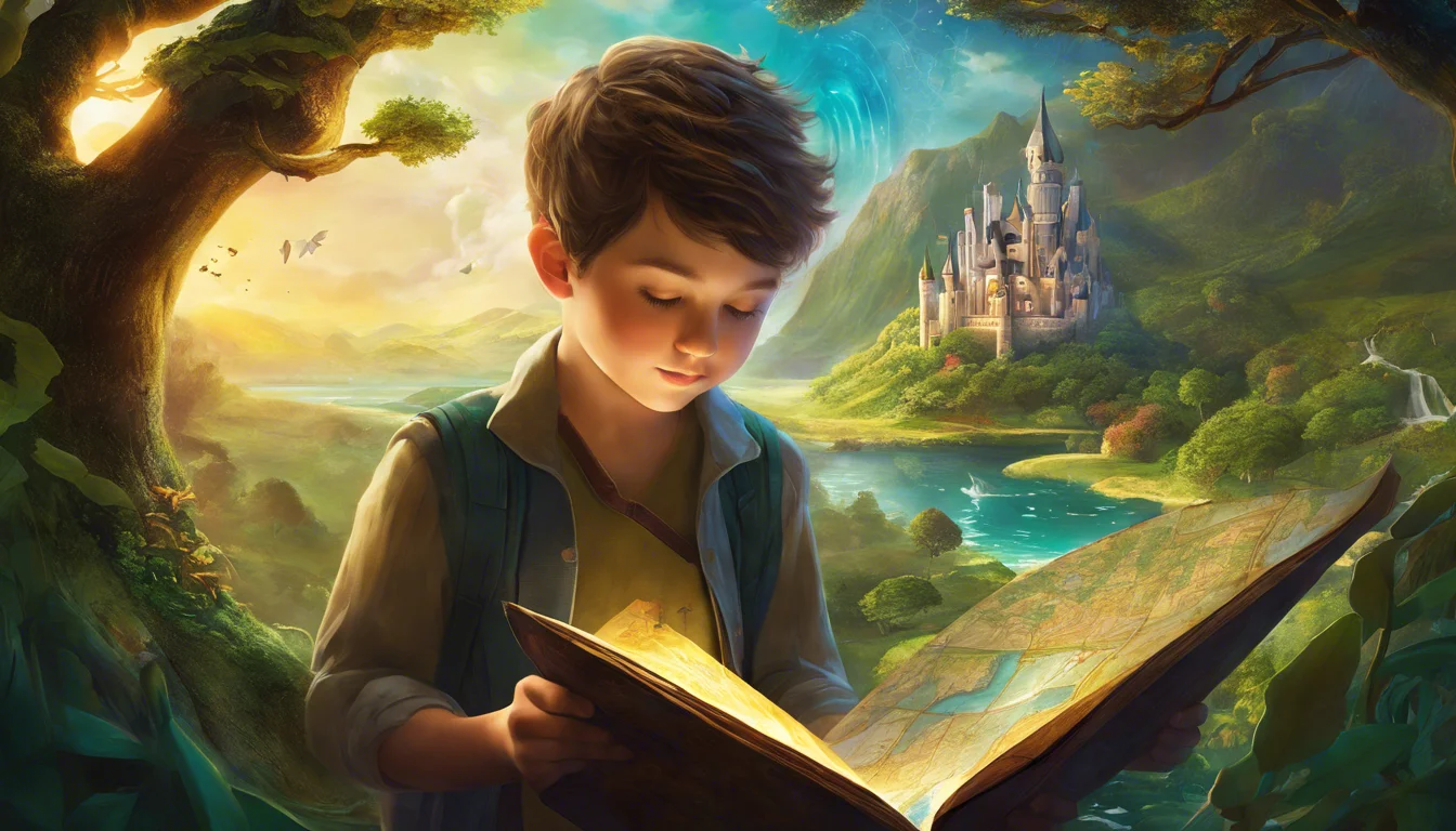 A young boy stands in a magical forest, captivated by an open book that glows in his hands, with a distant castle visible among lush greenery and a serene river.
