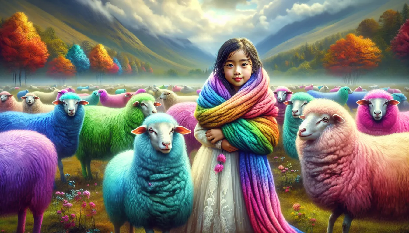 A young girl, surrounded by a group of vibrant, multicolored sheep, each sporting wool of different hues of the rainbow, on a lush, mystical grassland.