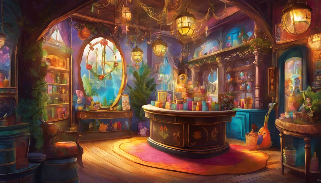 A cozy, colorful potion shop filled with shelves of jars, plants, and whimsical decorations, bathed in warm light.