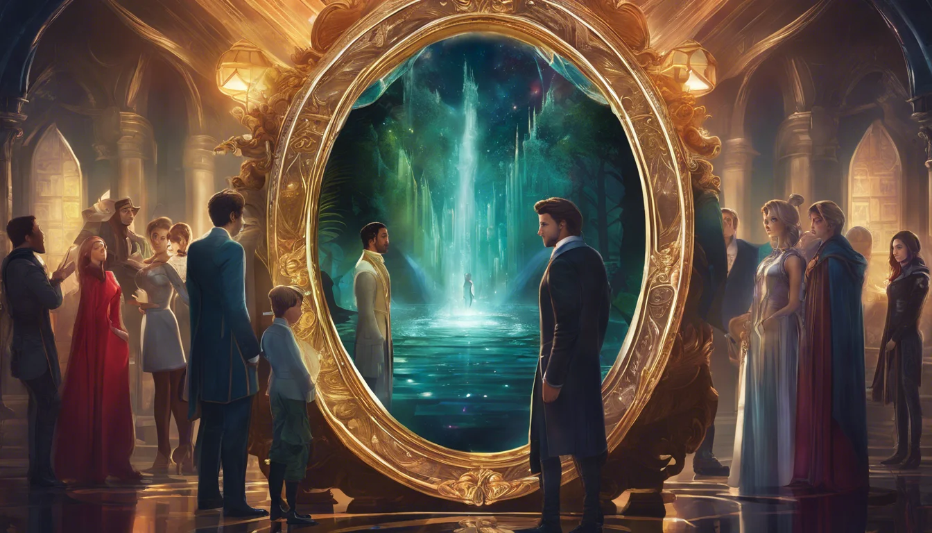 A captivating scene depicting a group of people gathered around an ornate mirror, with a magical, glowing landscape reflected in it, creating an atmosphere of wonder and enchantment.