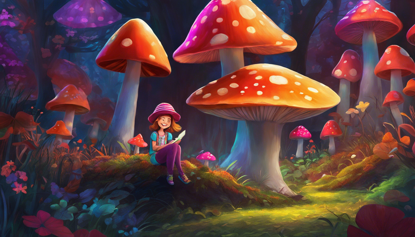 A young girl surrounded by talking mushrooms in a colorful field.