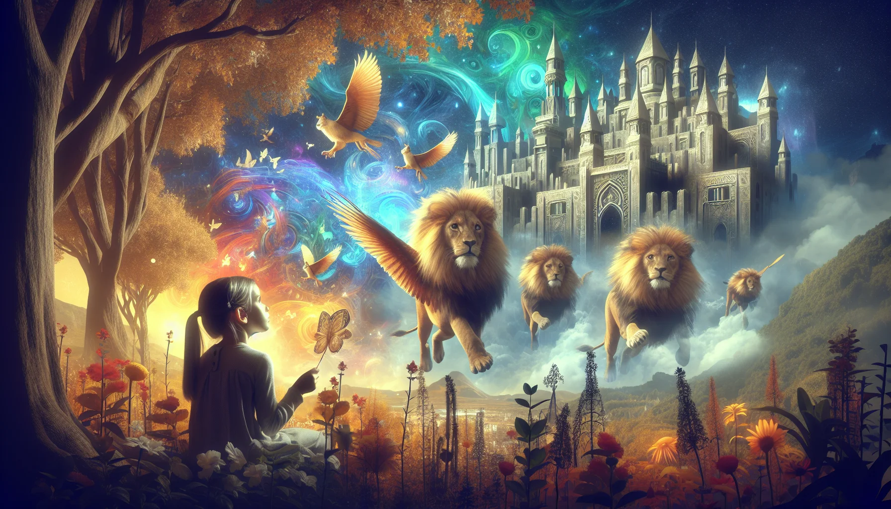 A fantastical scene featuring a figure surrounded by colorful butterflies and vibrant flowers, with majestic lions running towards a shimmering castle in a mystical landscape filled with swirling colors.