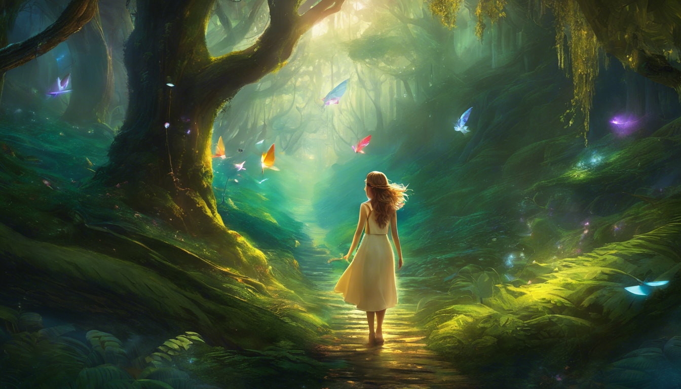 A young girl explores a magical forest filled with puzzles.