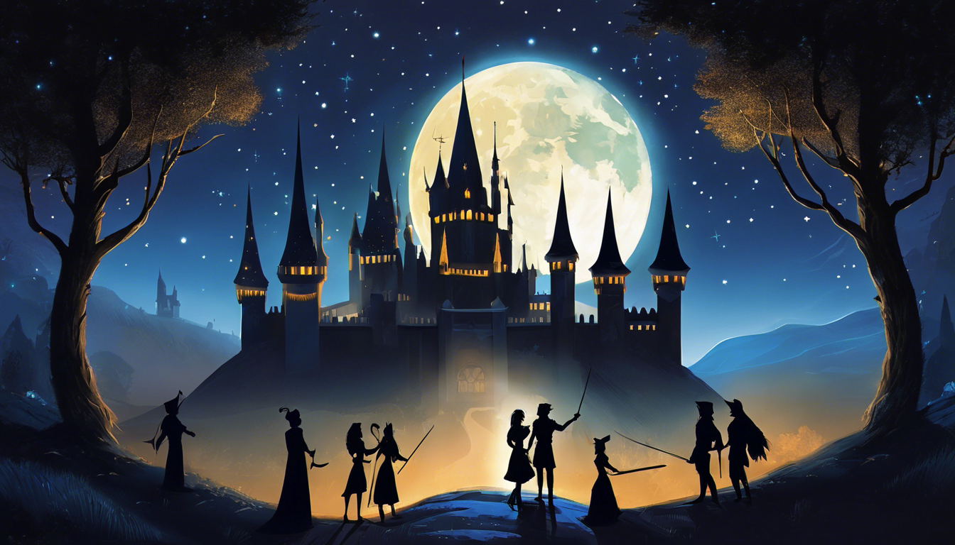 A shadow play performance with a castle, Moonlit Princess, and Starry Knight.