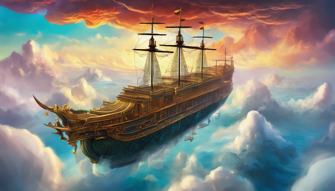 A ship sailing through the clouds with floating islands in the background.