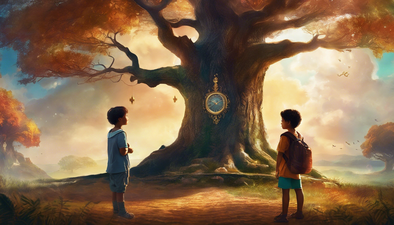 Two children holding a time capsule beneath a majestic tree with magical elements.