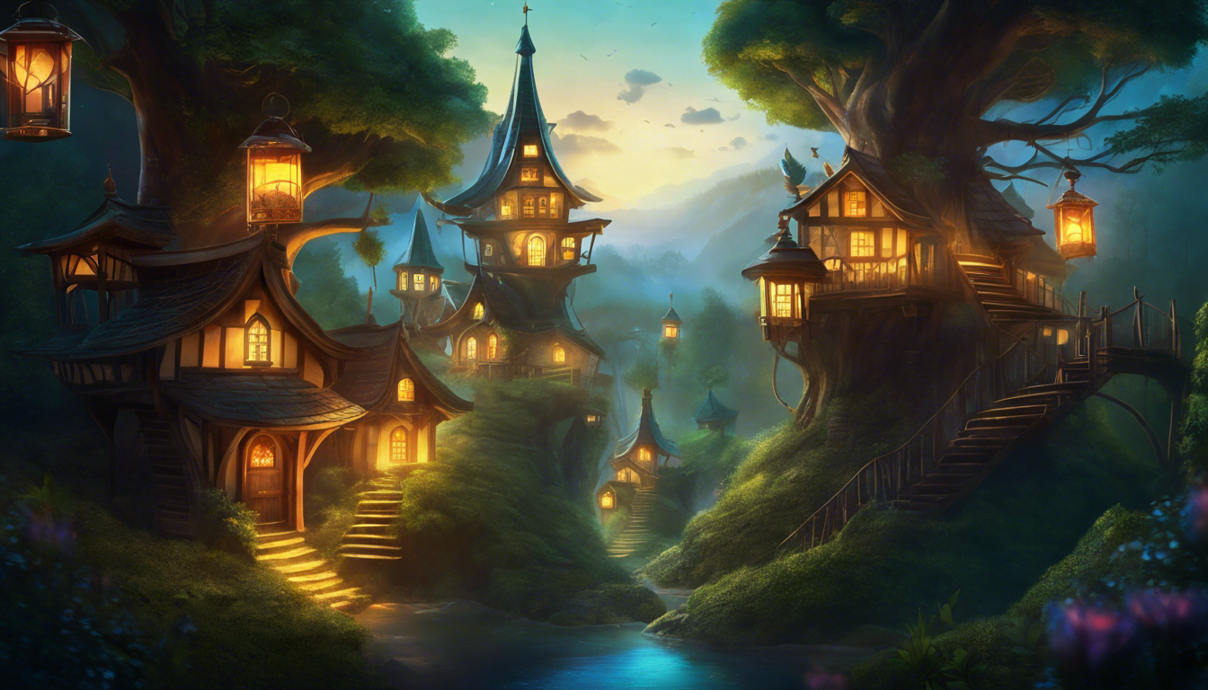A whimsical village in a mystical forest with unique treehouses and illuminated lanterns.