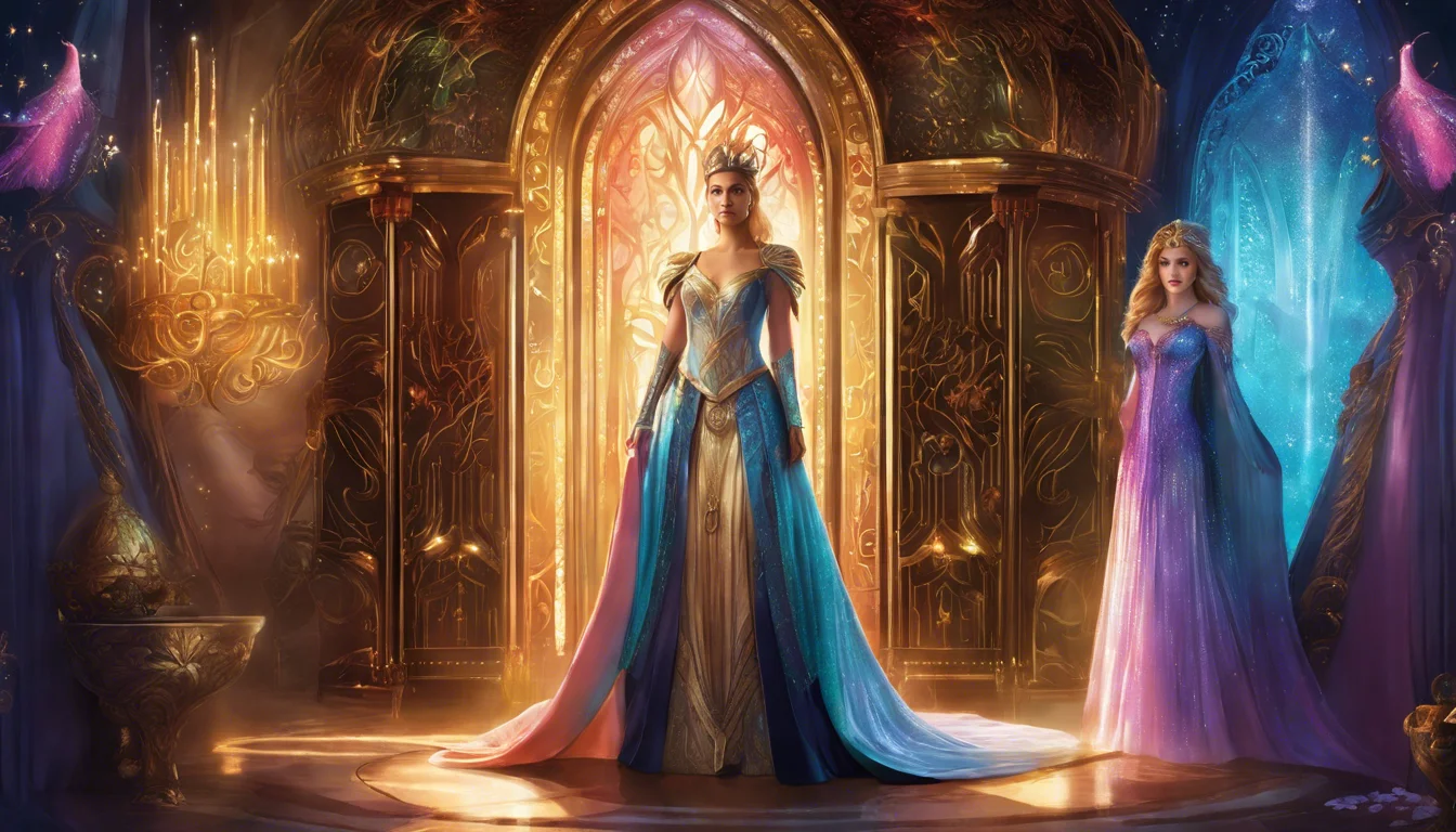 A regal queen stands confidently in a lavish, jewel-toned throne room, flanked by a graceful companion, both wearing elegant gowns, illuminated by soft candlelight and ornate decor.