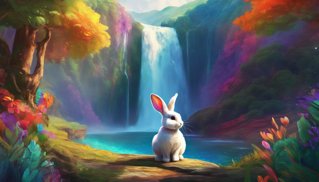 A rabbit named Lopsy in front of a magical waterfall.