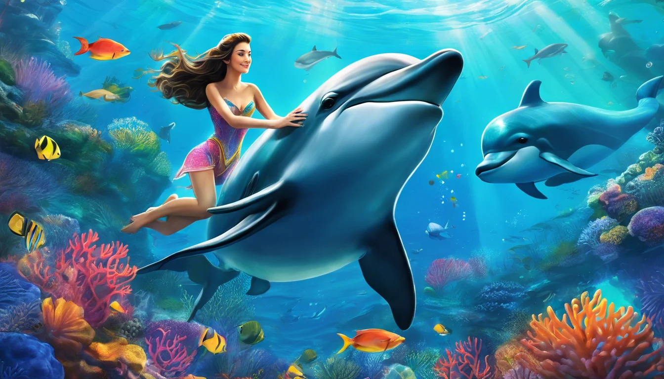 A young woman swims joyfully with dolphins in a vibrant underwater scene, surrounded by colorful coral and tropical fish.