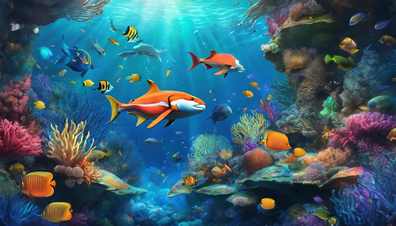 Colorful underwater scene featuring diverse fish, vibrant coral reefs, and rays of sunlight filtering through the water.