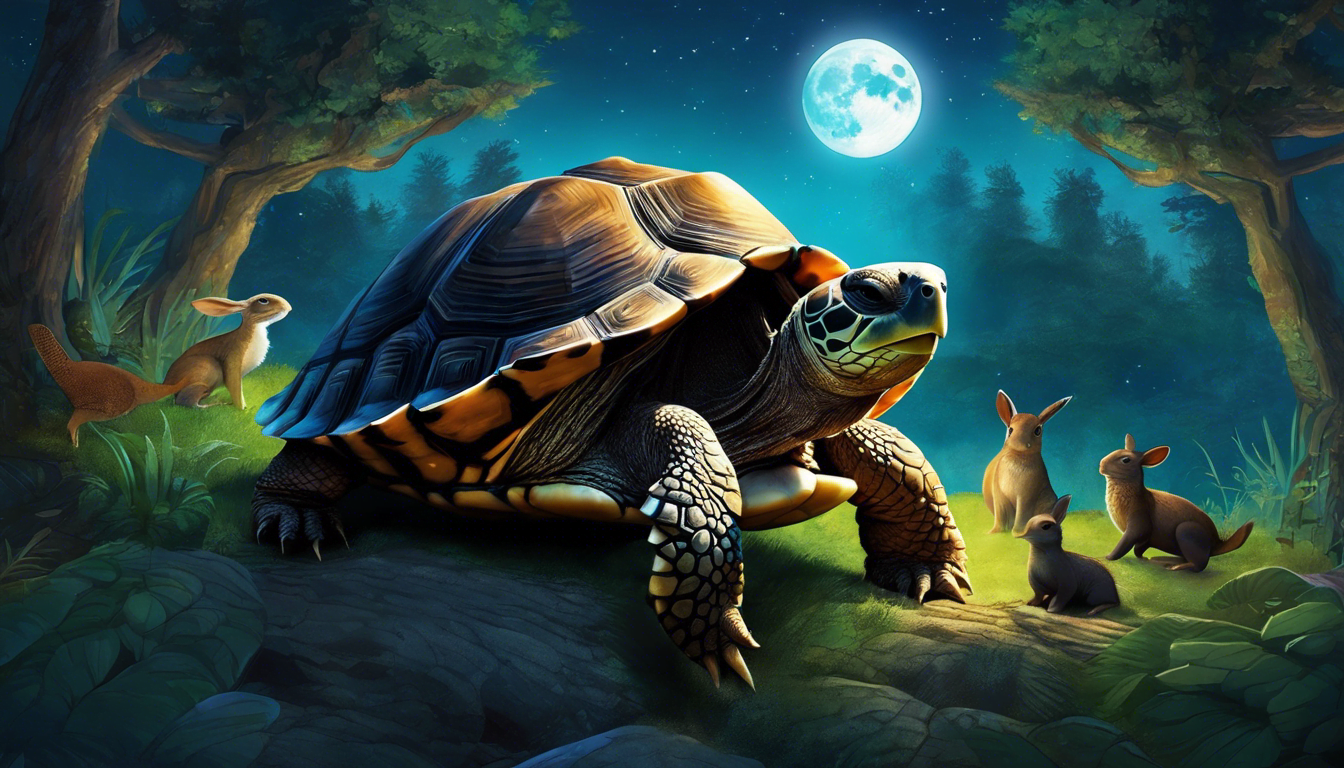 A wise old tortoise tells stories to young animals under the moonlit sky in a forest.