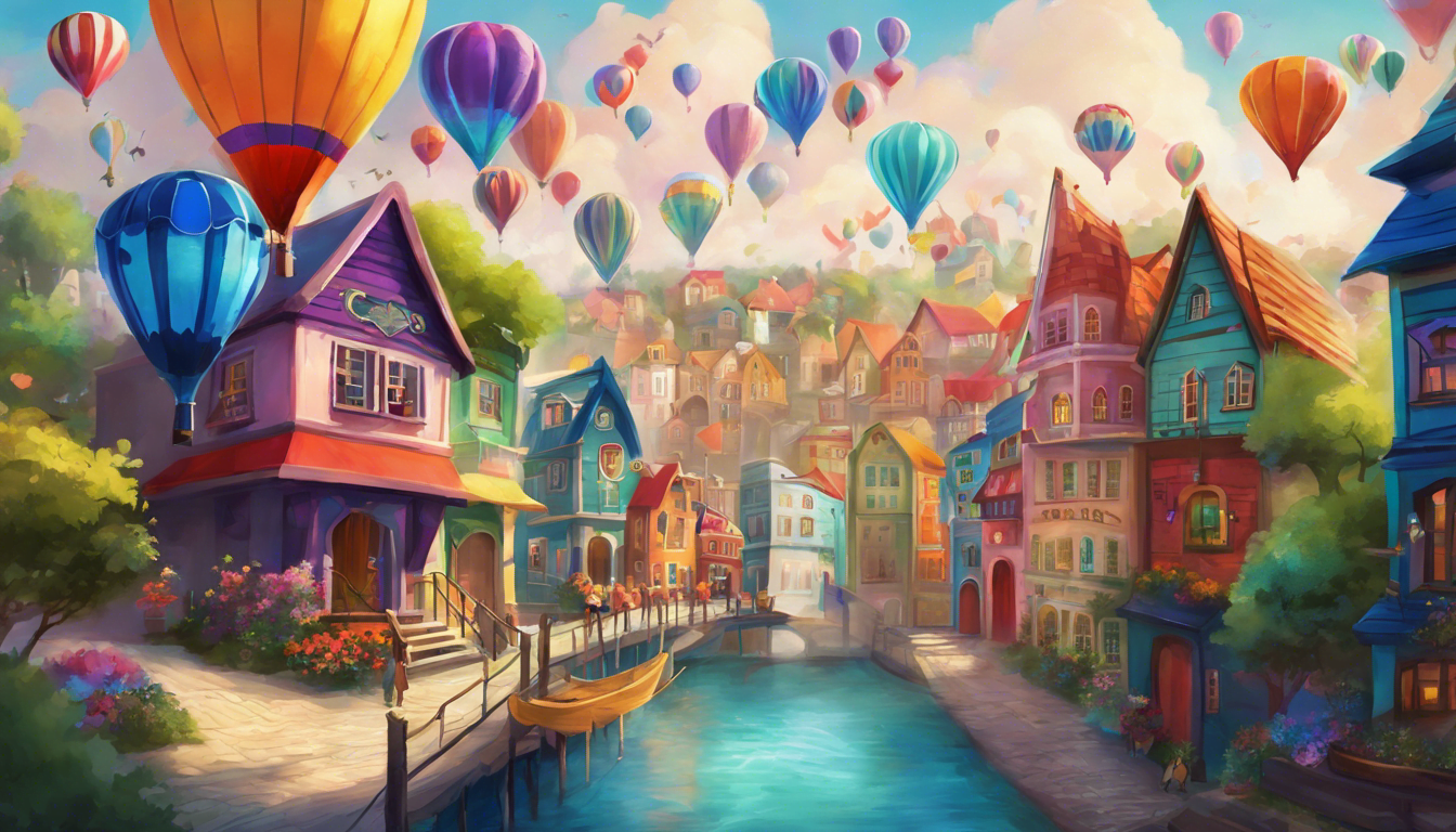 A joyful town filled with colorful houses and people using their unique superpowers.