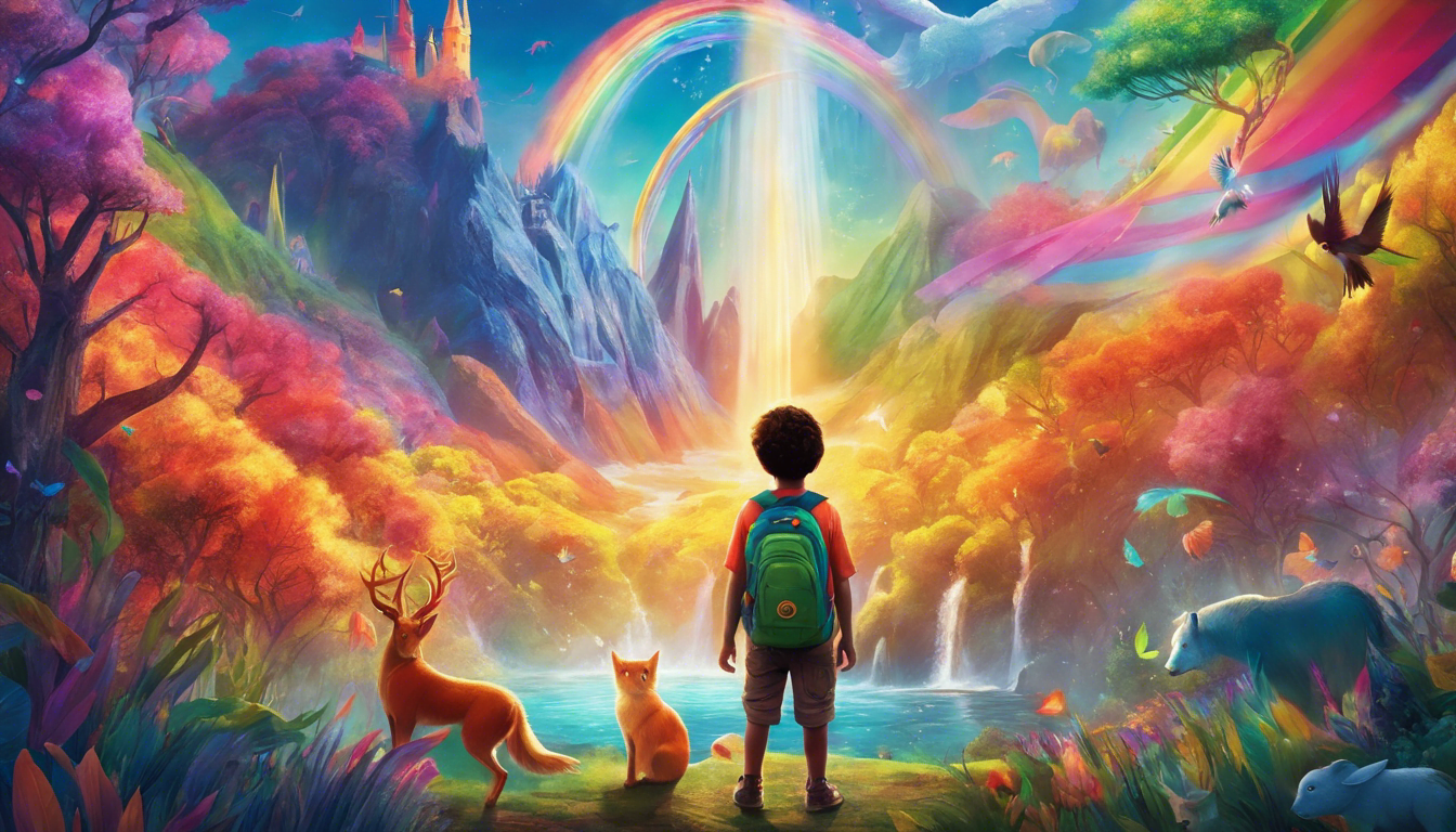 A child surrounded by magical creatures in a vibrant fantasy world.