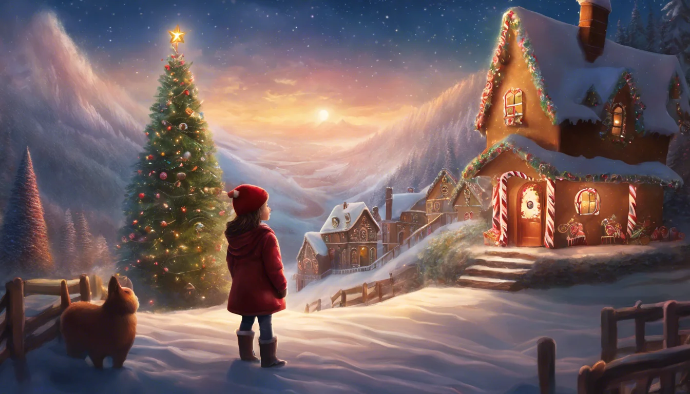 A child in a red coat stands in a snowy landscape, gazing at a cozy, decorated cottage and a tall Christmas tree under a starry sky.