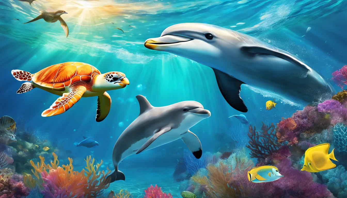 A vibrant underwater scene featuring a dolphin, a sea turtle, and colorful fish swimming among coral reefs with sunlight filtering down from above.