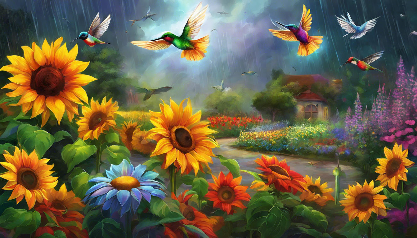 Hummingbirds are flying across the sky in a colourful garden.