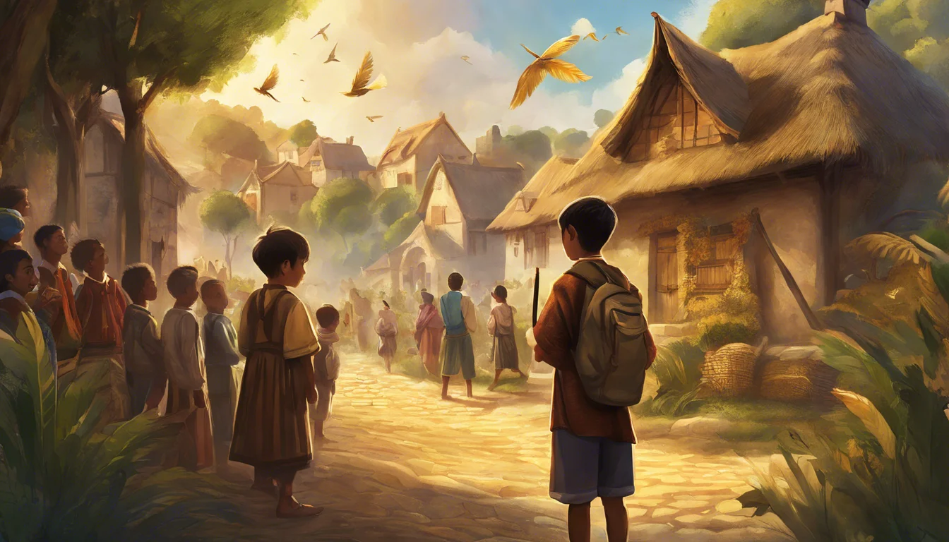 Children gather in a sunlit village, with lush greenery and thatched-roof houses, as a boy with a backpack stands in the foreground, watching and listening to the lively atmosphere.