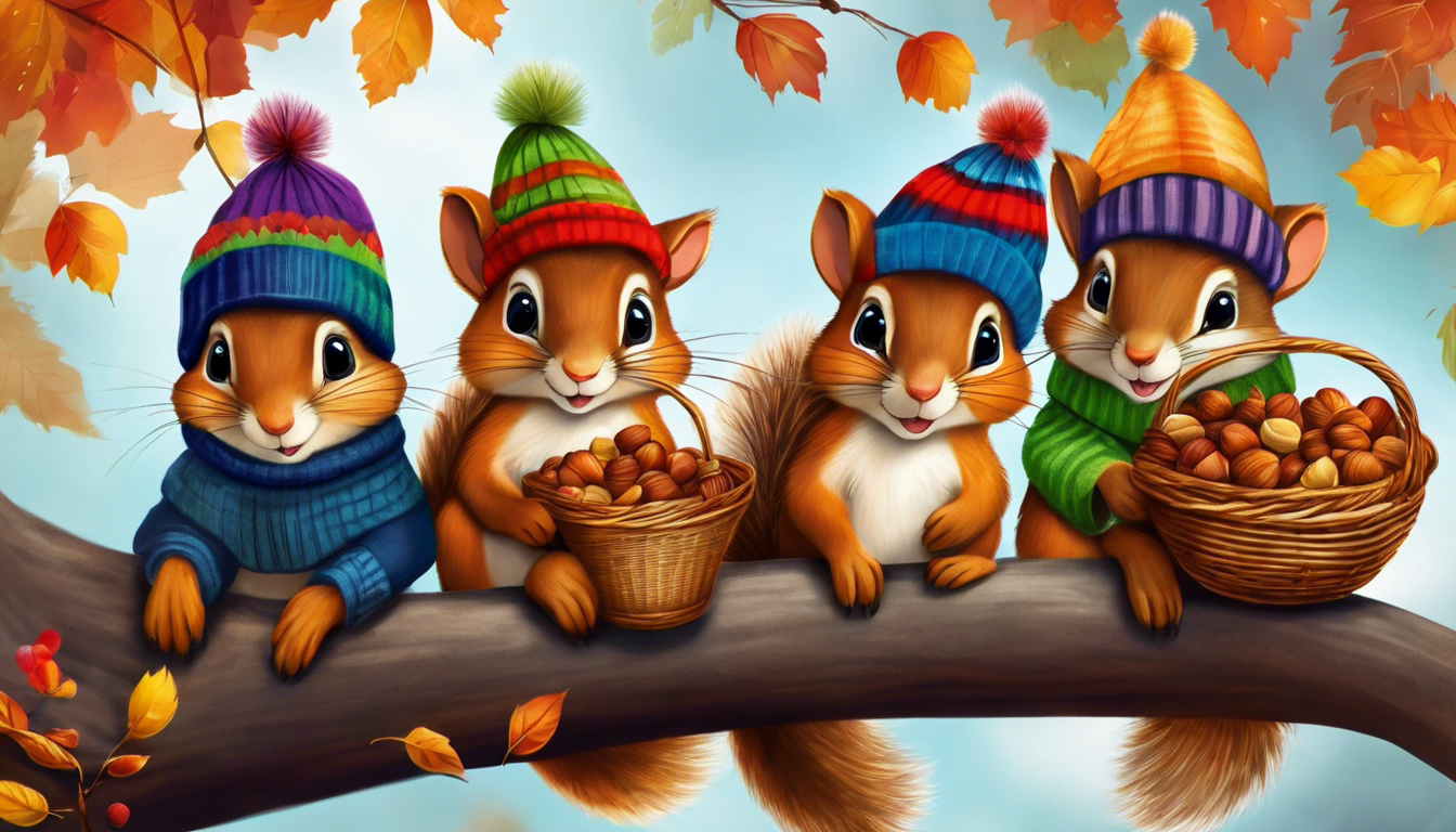 Three squirrels with baskets of nuts in a colorful autumn scene.