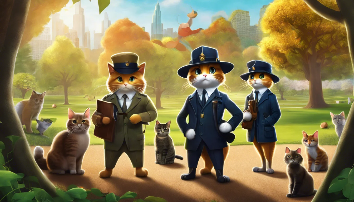 Three cartoon cats dressed as detectives stand confidently in a park, surrounded by other cats and vibrant autumn trees, with a city skyline in the background.