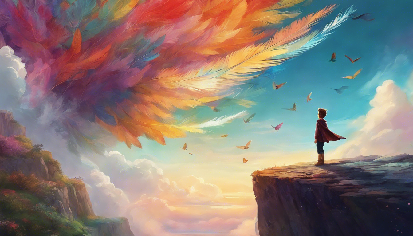 A boy reaching towards a mischievous wind spirit with a magical feather.