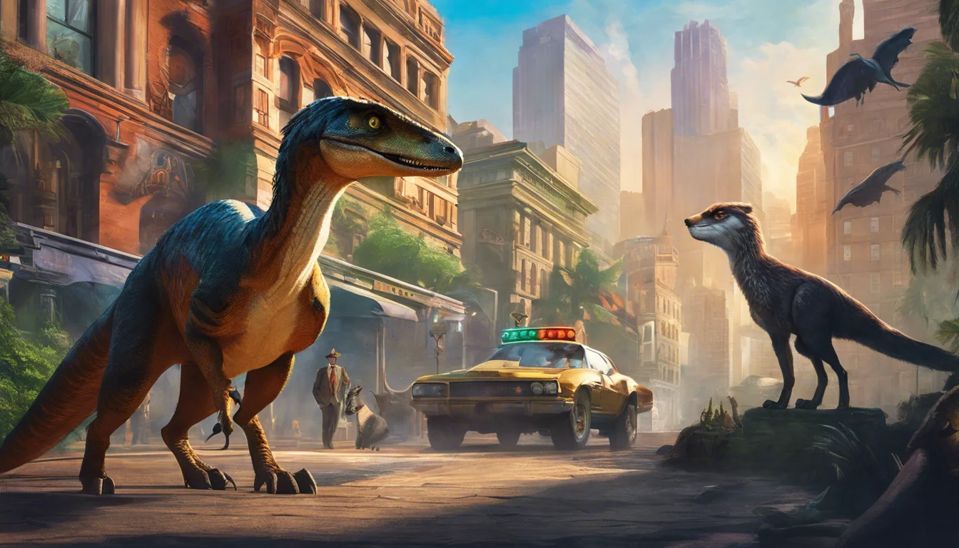 Dinosaurs roam a deserted city street, with a police car in the foreground and skyscrapers in the background, under a bright blue sky.