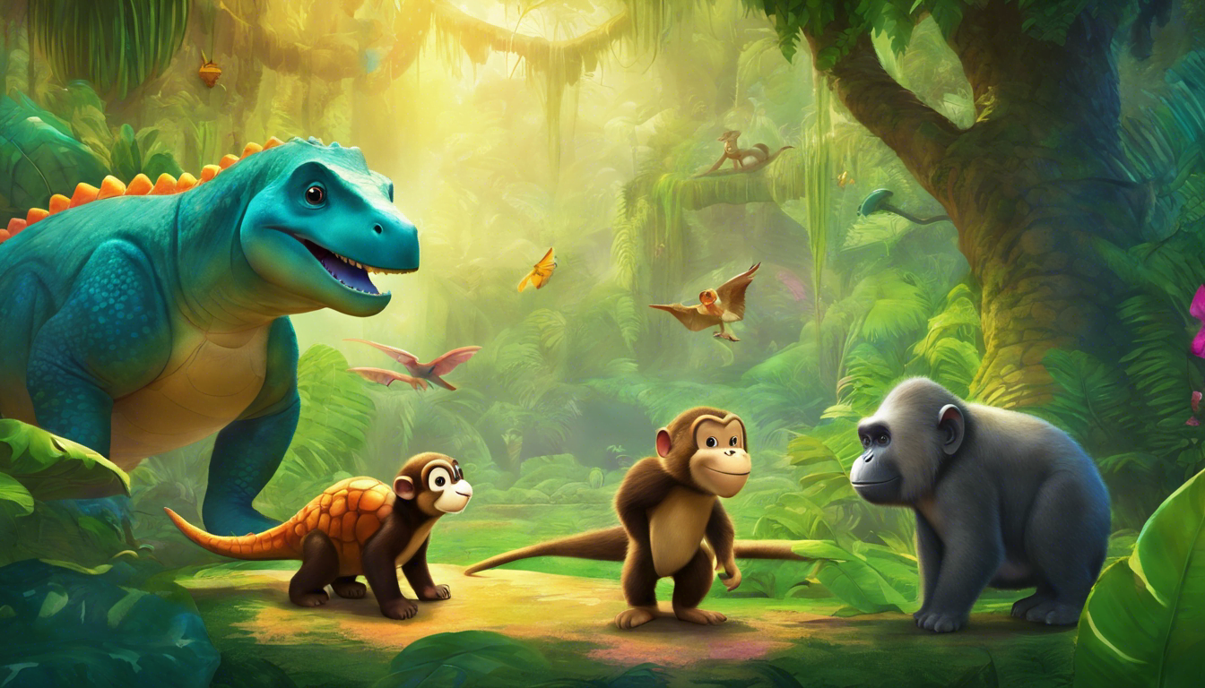 Three animal friends stand in a vibrant and lush kingdom.