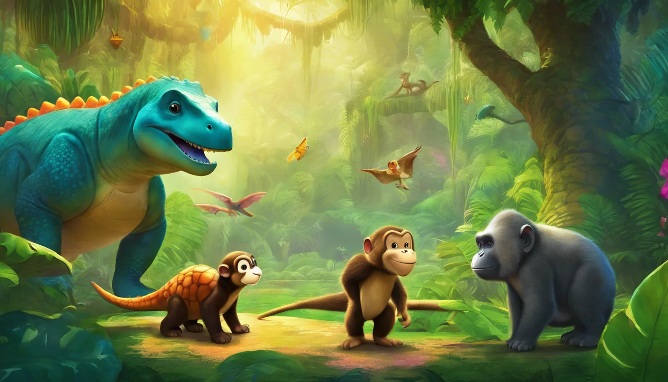 A colorful jungle scene featuring a cartoon dinosaur, a sloth, a playful monkey, and a gorilla surrounded by lush greenery and tropical birds.