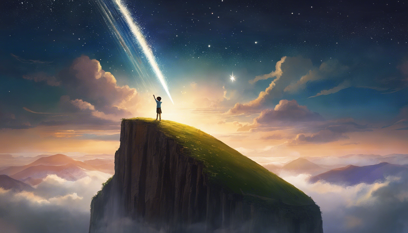 A young boy reaches for a shooting star in a dreamy sky.