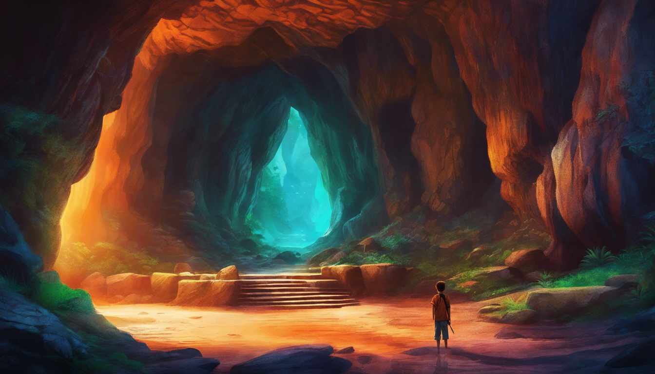 A young boy named Tobi stands at the entrance of a magical cave.