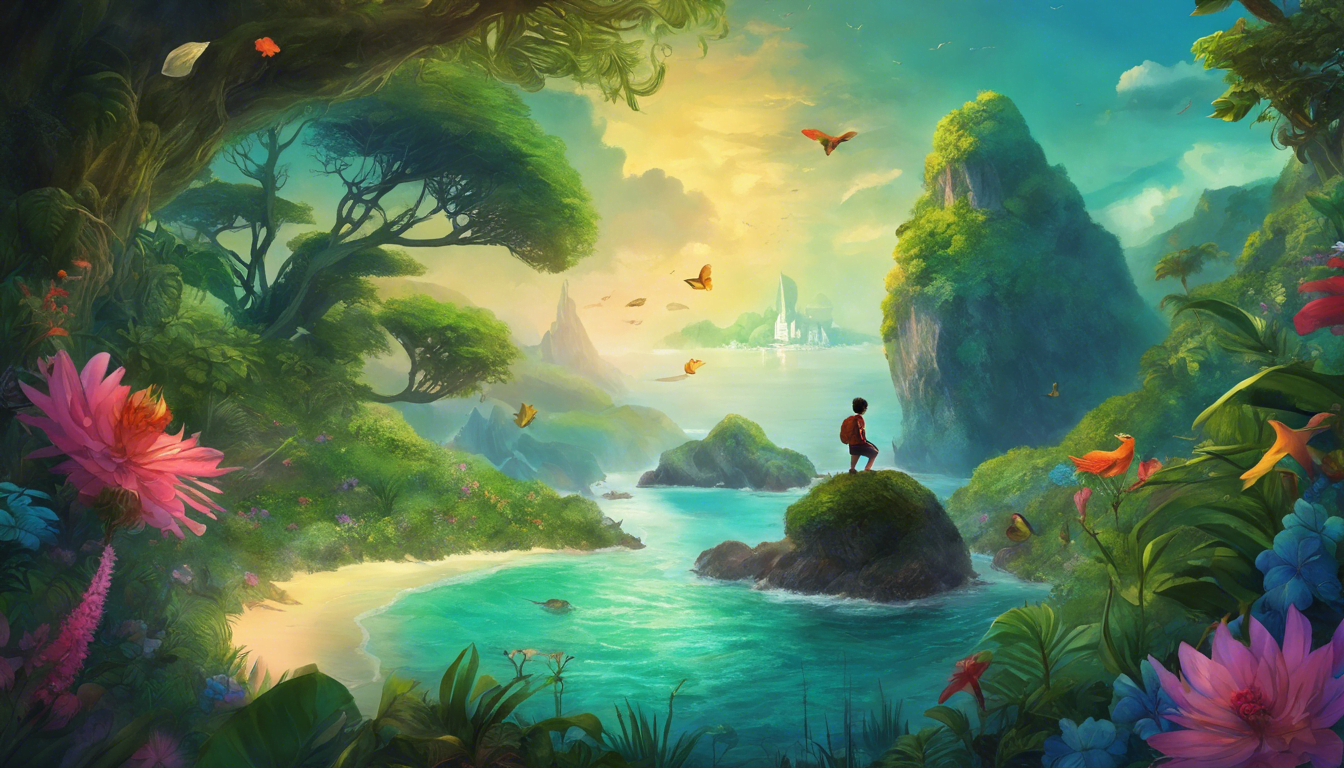 A young boy named Oliver stands on a hidden island surrounded by vibrant creatures and lush greenery.